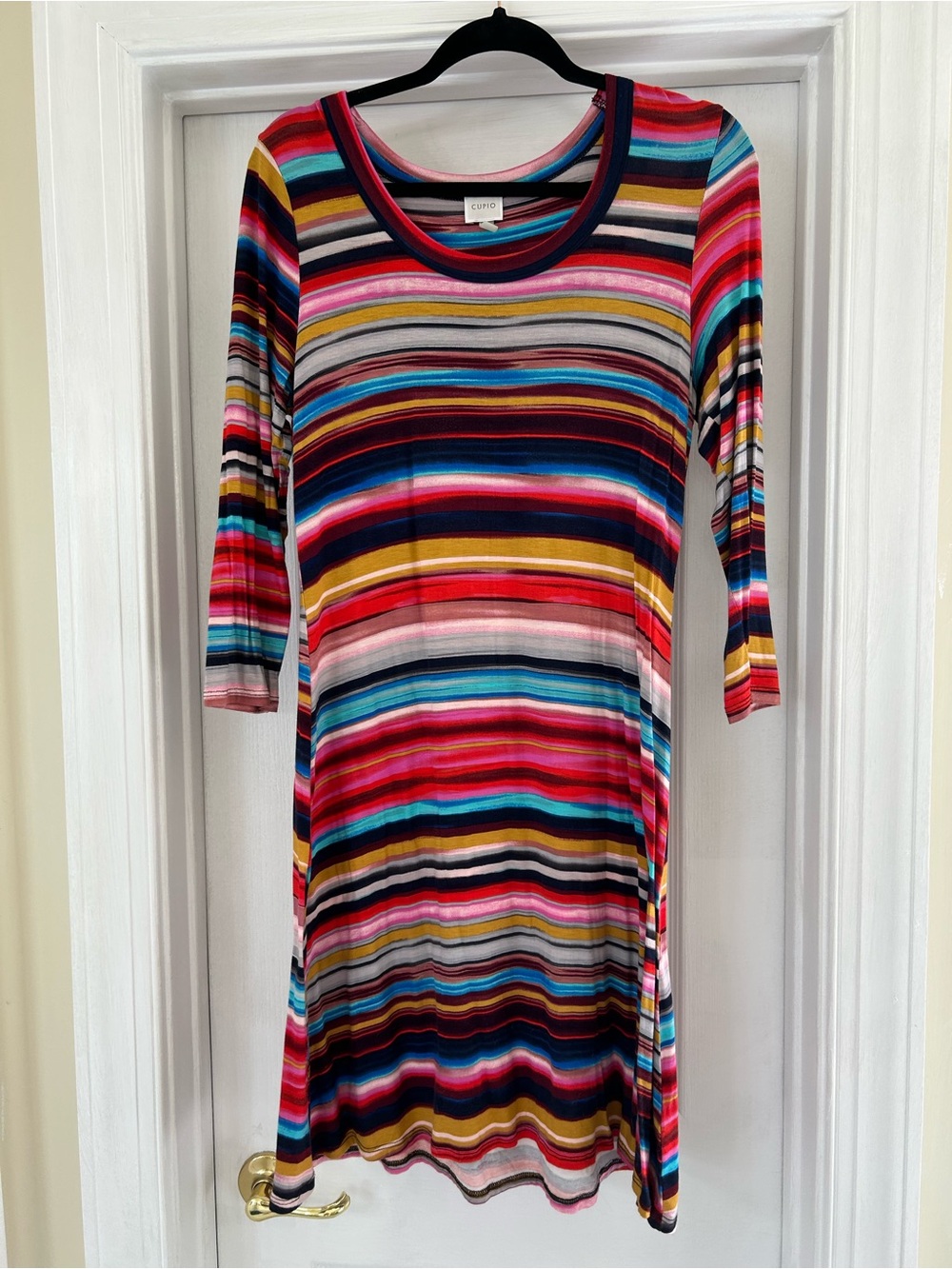 Cupio women’s size Large multicolor striped dress in a soft, stretchy knit
